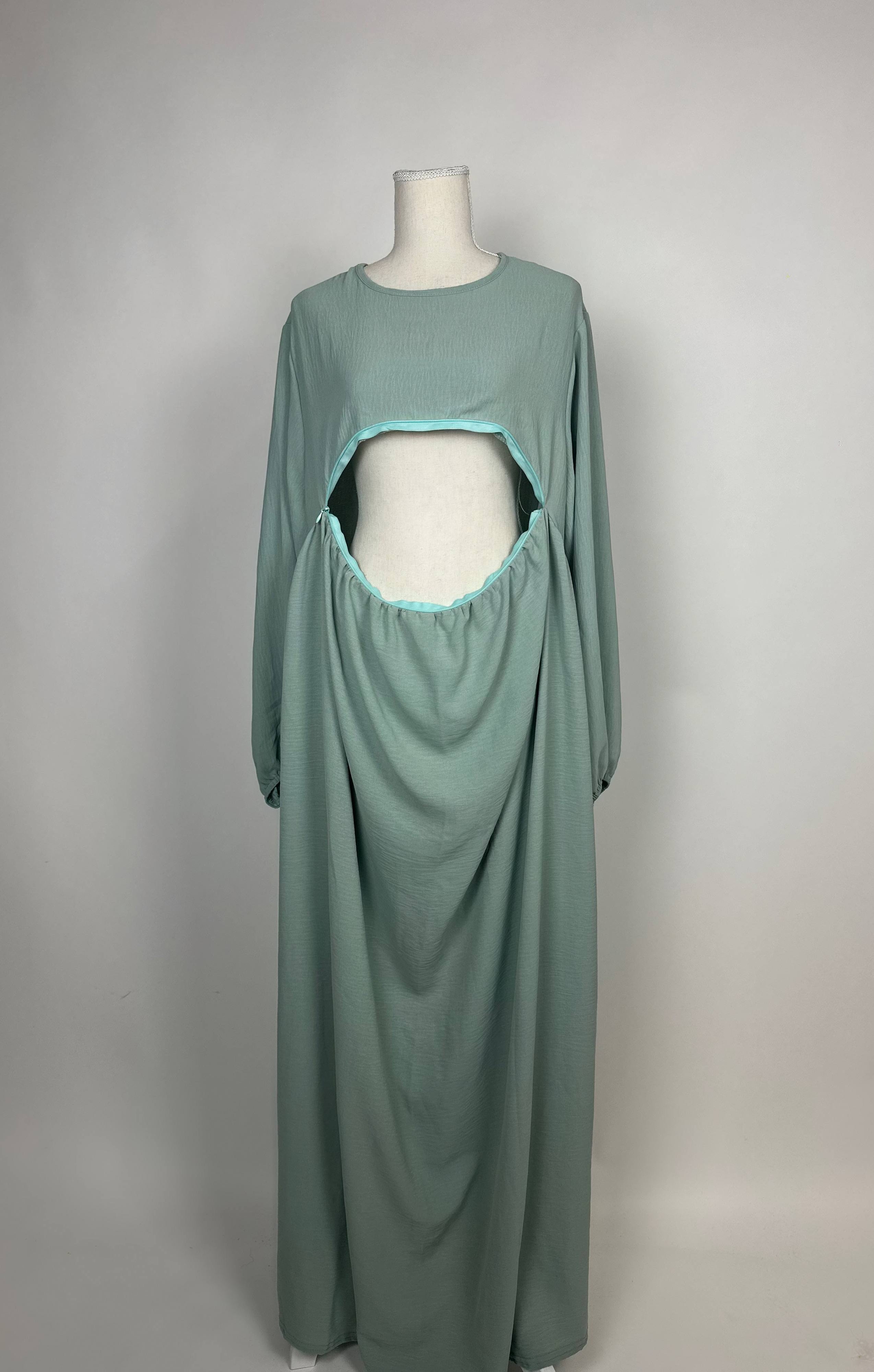 Mintgrüne Still-Abaya aus Jazzstoff mit praktischer Stillöffnung und langen Ärmeln, Vorderansicht