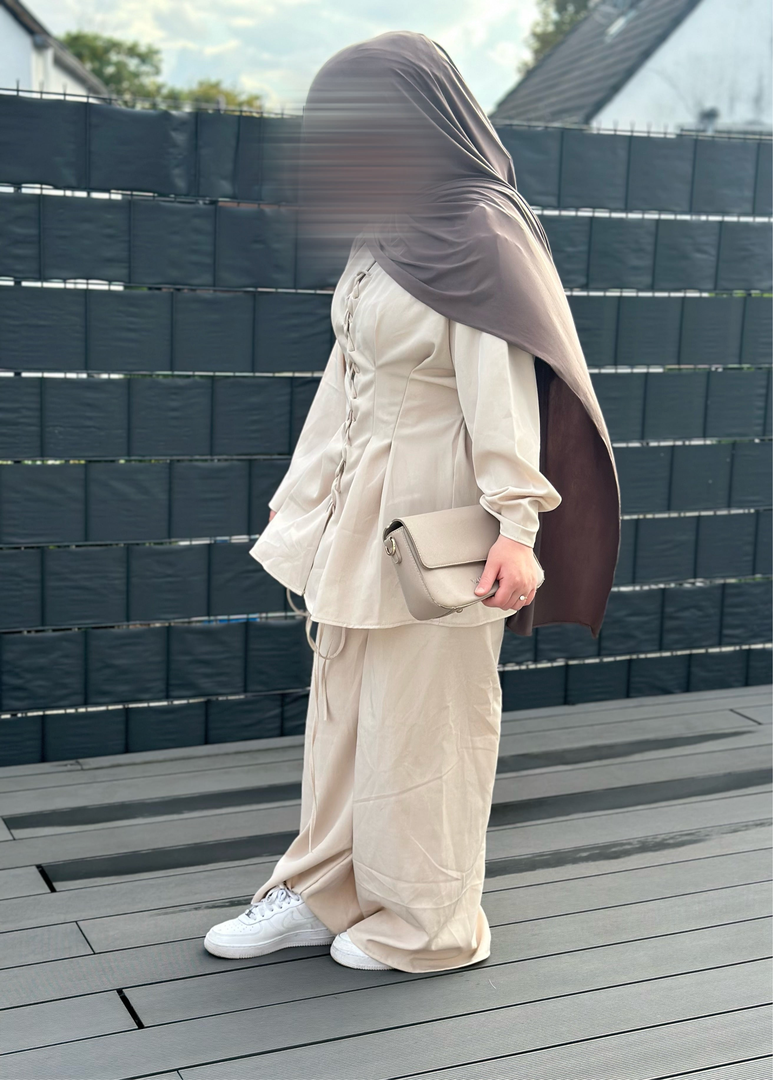 Zweiteiler mit Hose, polyester/elastan, Schnürung vorn und am Rücken, Frontansicht, herbstgeeignet, Einheitsgröße 32-40