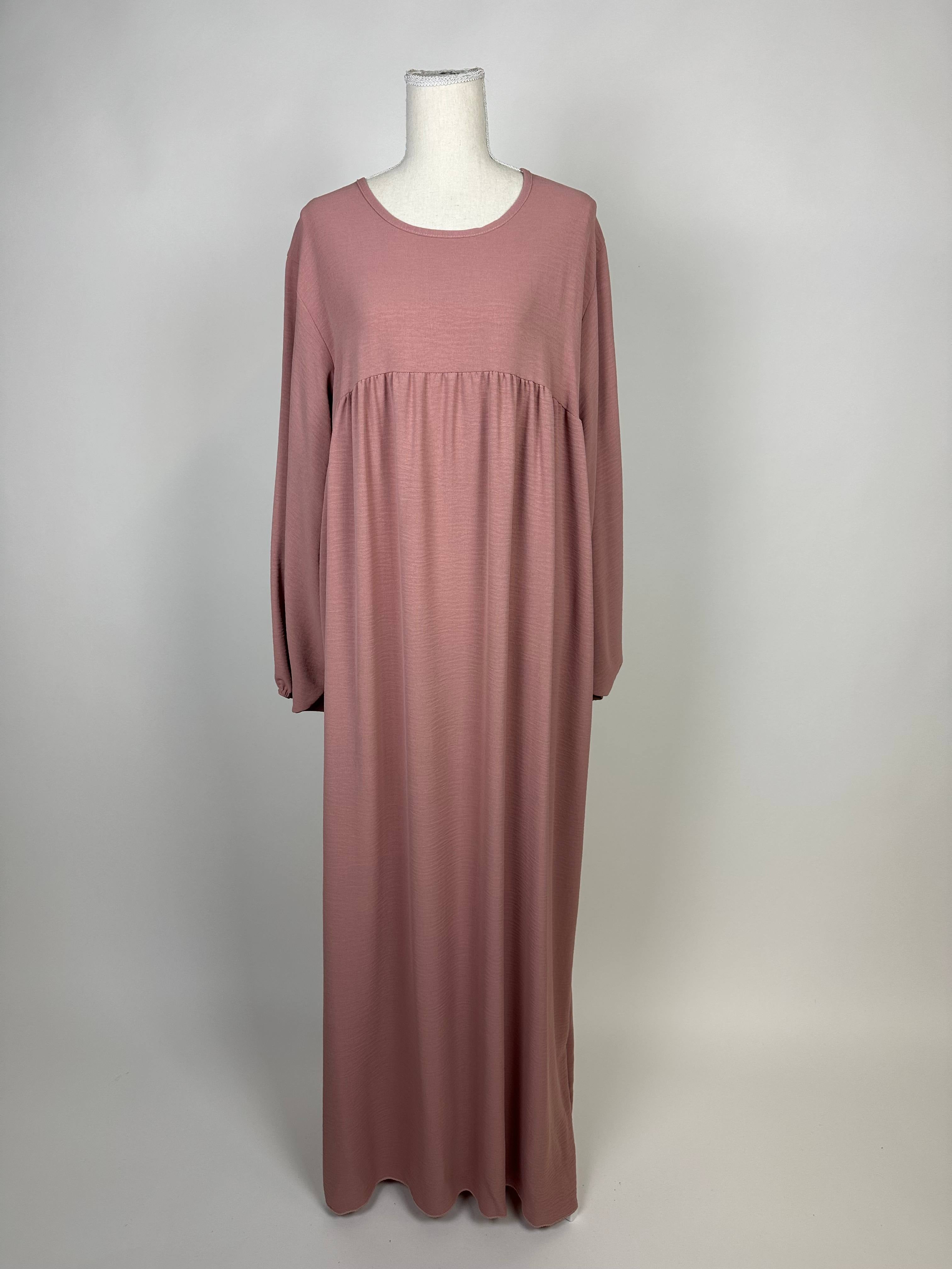 abaya in altrosa aus jazz-stoff mit ballonärmeln, rundhals, frontansicht