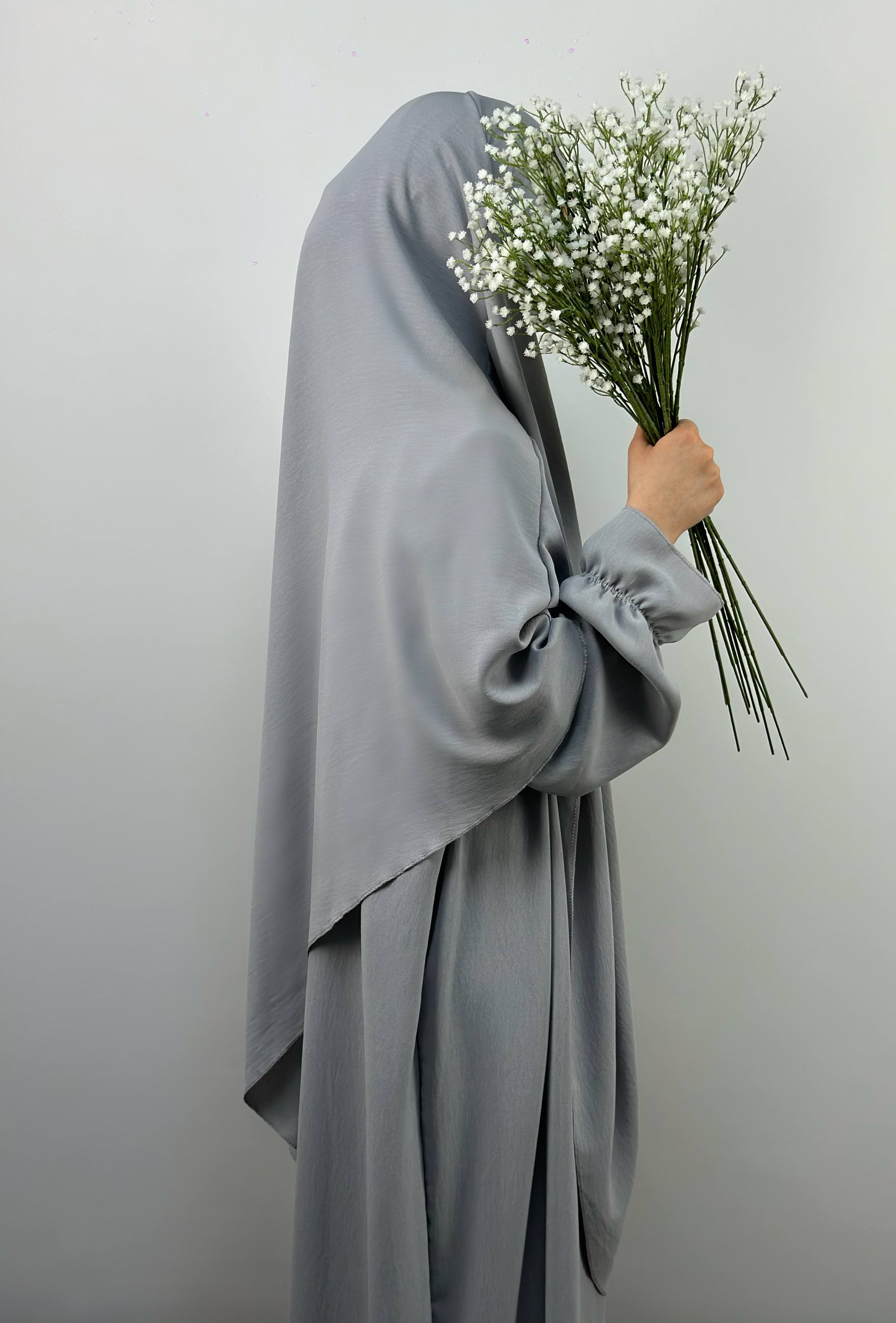 Abaya- und Khimar-Set in grau aus Jazz-Stoff, Ballonärmel mit Gummibund, Seitenansicht