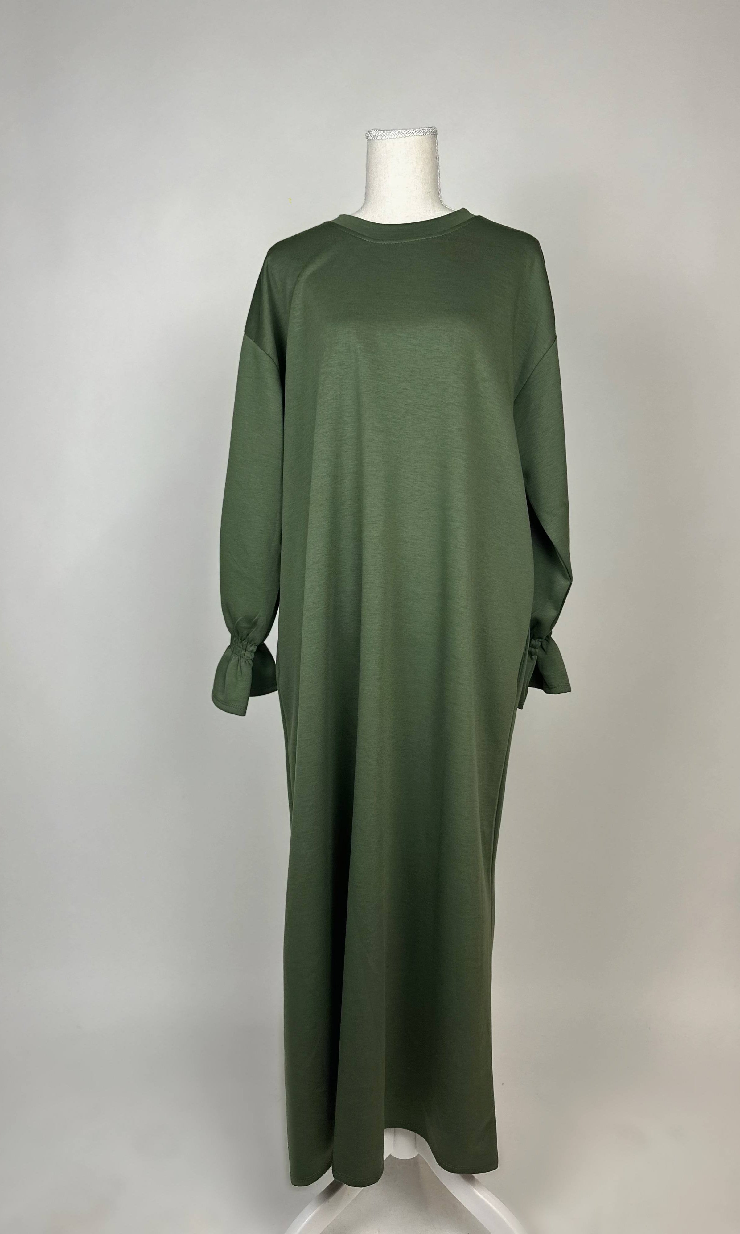 lange abaya mit rüschenbesatz und integrierten taschen aus poly-viskose-stretch, maxi-länge