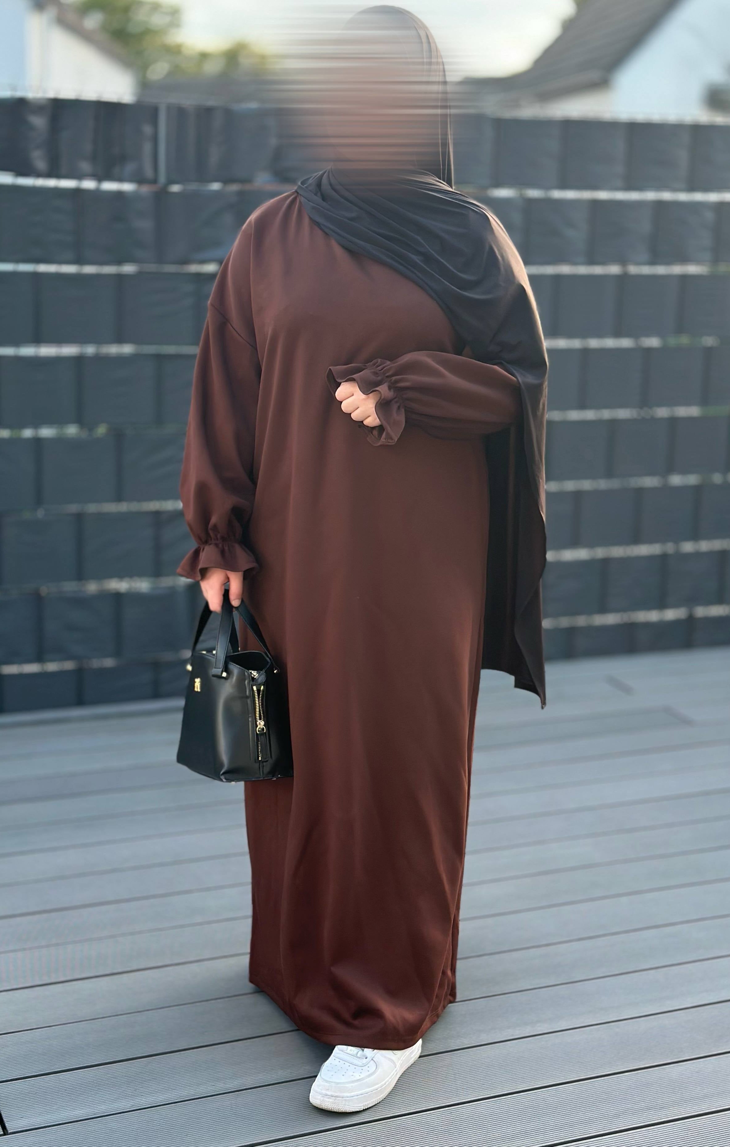 abaya polyester-viskose-elastan mit rüschen, integrierte hosentaschen, 1,45 m länge frontansicht