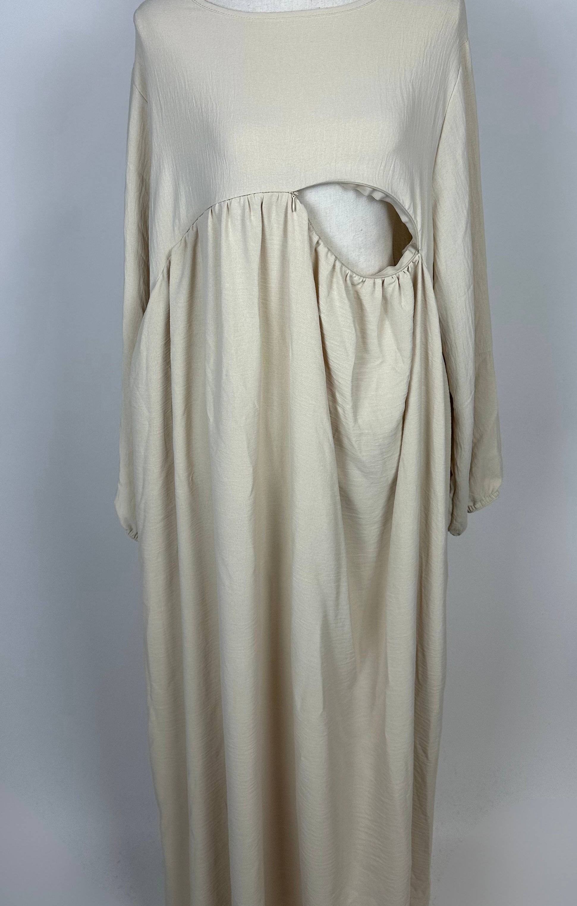 Beige Still-Abaya aus Jazzstoff mit Stillöffnung und Raffung unter der Brust, Vorderansicht