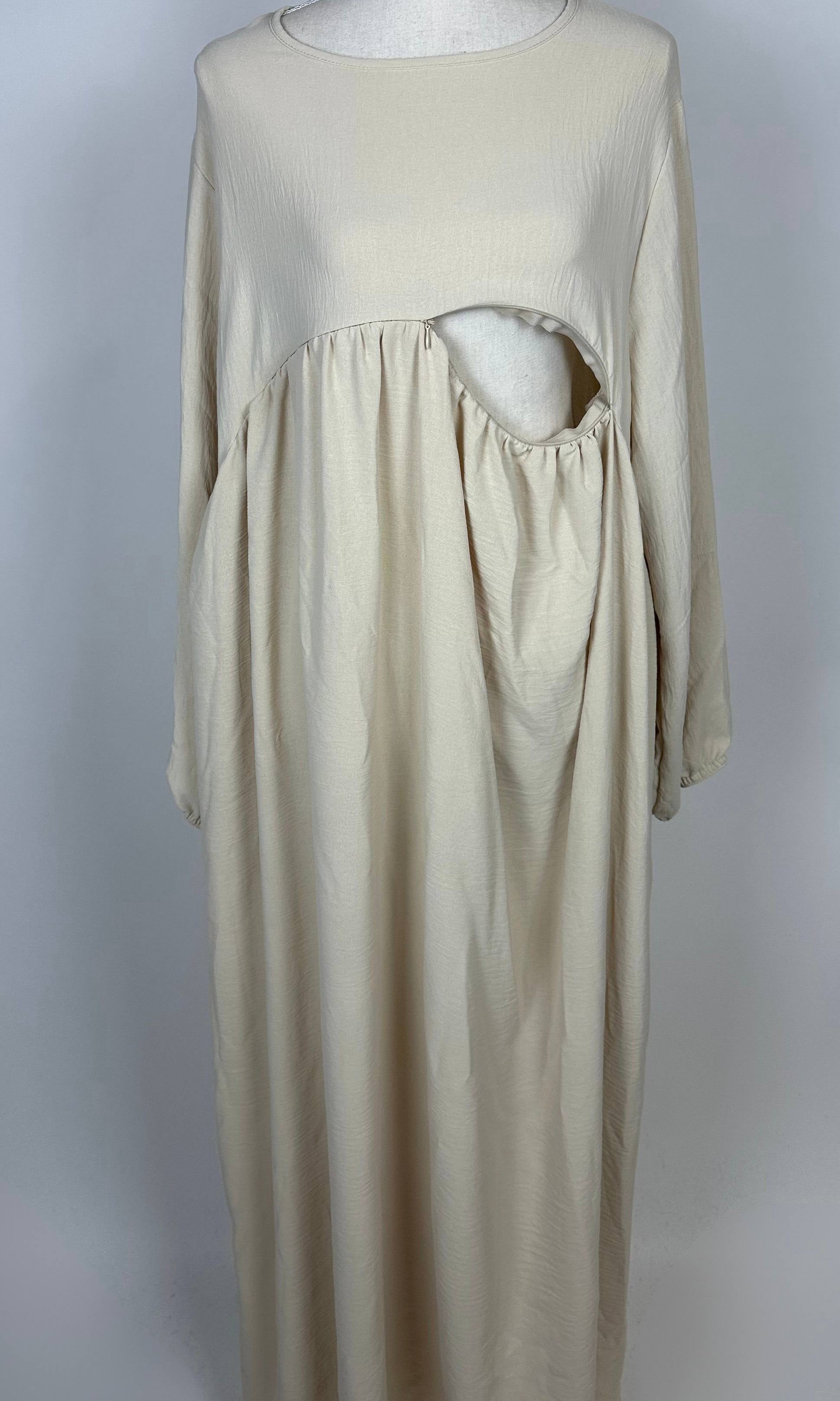 Beige Still-Abaya aus Jazzstoff mit Stillöffnung und Raffung unter der Brust, Vorderansicht