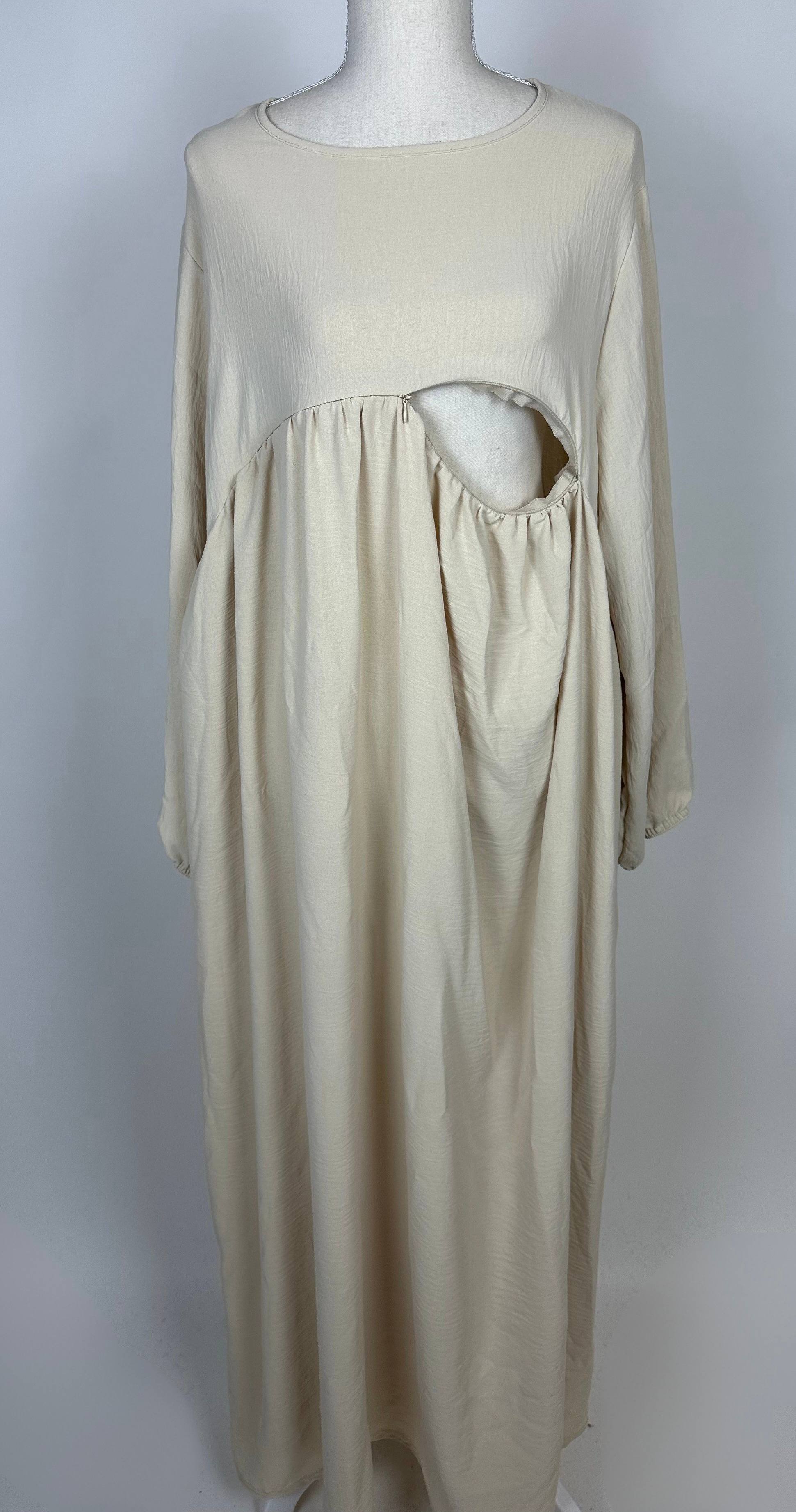 Beige Still-Abaya aus Jazzstoff mit Stillöffnung und Raffung unter der Brust, Vorderansicht