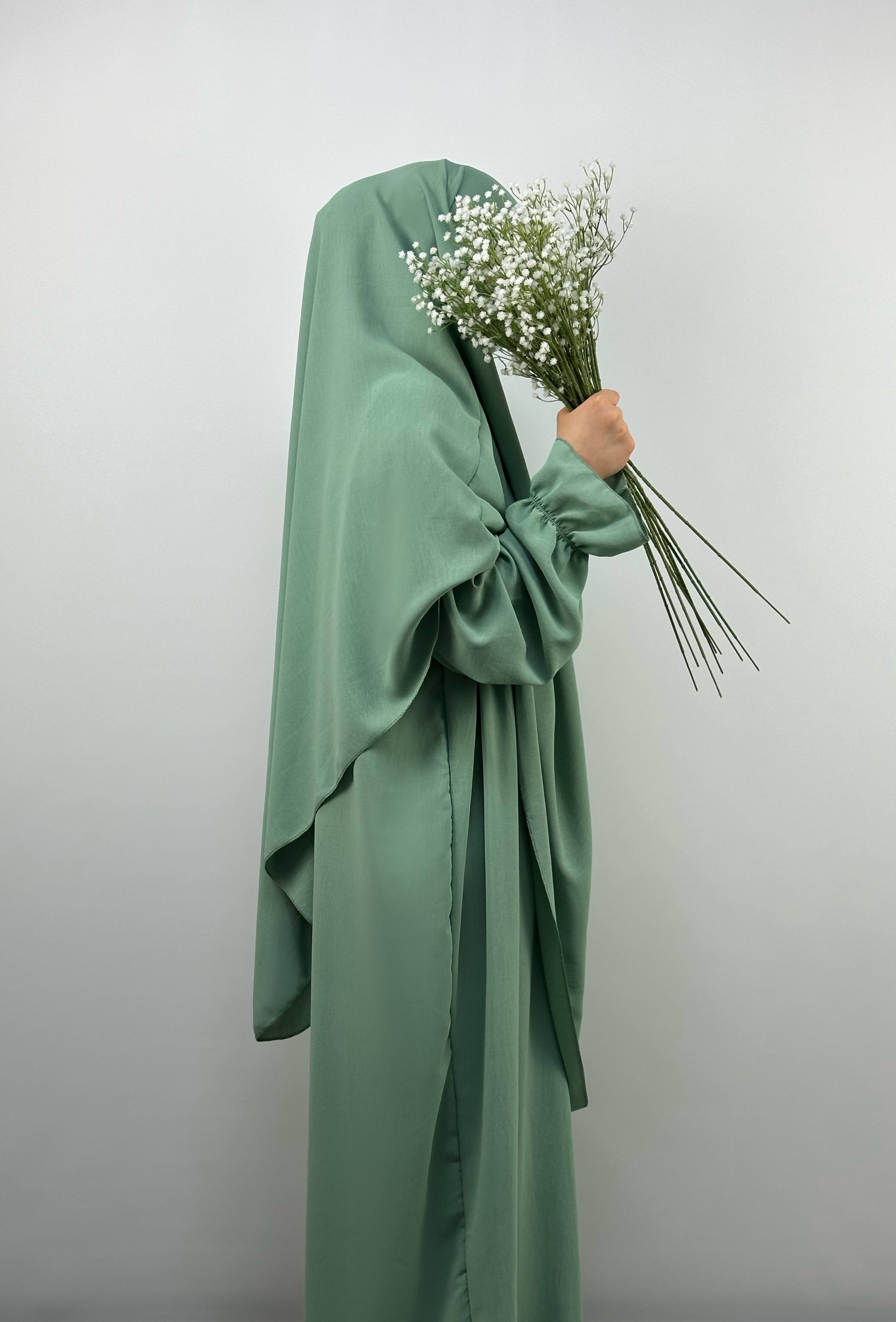 Abaya-Khimar-Set salbeigrün mit Ballonärmeln aus leichtem Jazz-Stoff, weit fallend, Seitenansicht