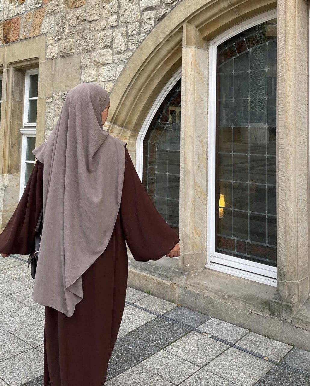 braune abaya aus jazz-stoff mit ballonärmeln, rückansicht