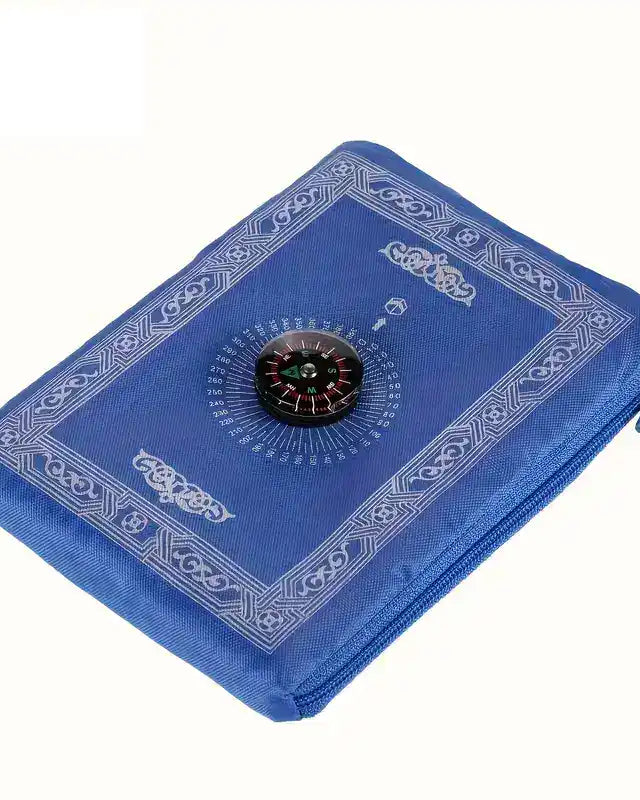 Blauer Reise-Gebetsteppich aus Stoff mit integriertem Kompass, faltbar mit Reißverschluss, Draufsicht