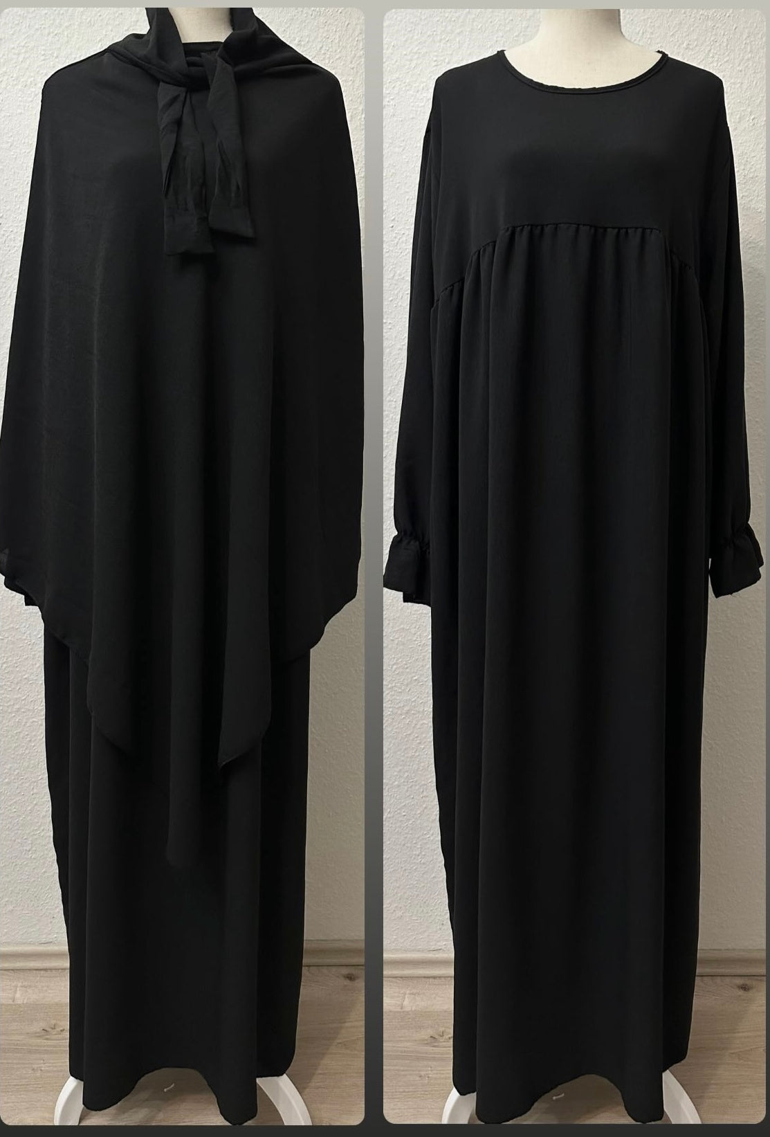schwarzes set aus abaya und passendem khimar, jazz-stoff, ballon- und rüschenärmel, frontansicht