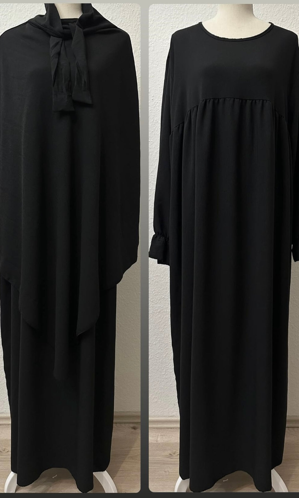 schwarzes set aus abaya und passendem khimar, jazz-stoff, ballon- und rüschenärmel, frontansicht