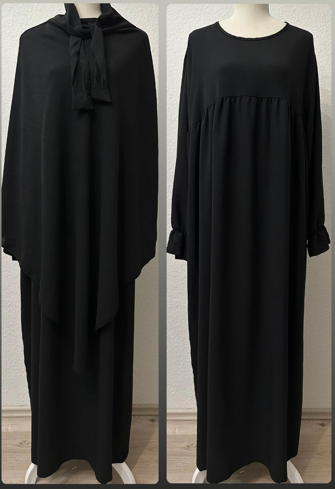 schwarzes set aus abaya und passendem khimar, jazz-stoff, ballon- und rüschenärmel, frontansicht
