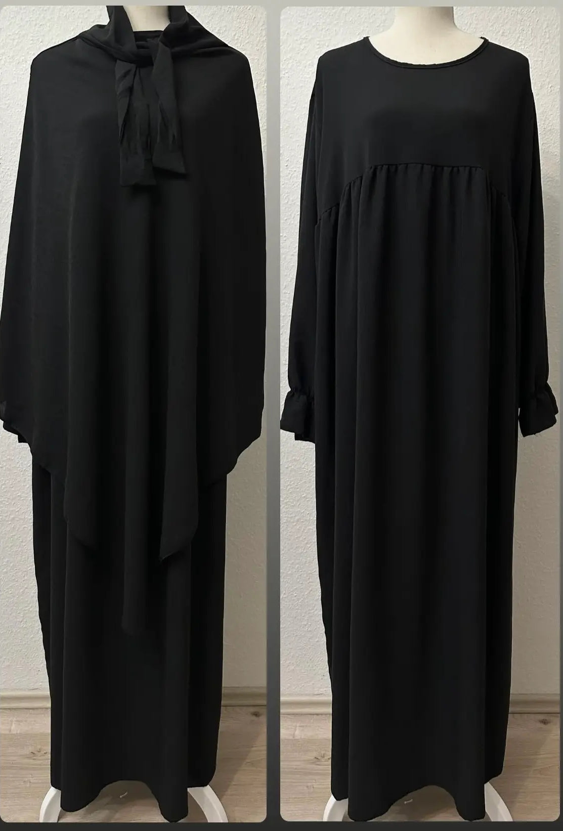 schwarzes set aus abaya und passendem khimar, jazz-stoff, ballon- und rüschenärmel, frontansicht