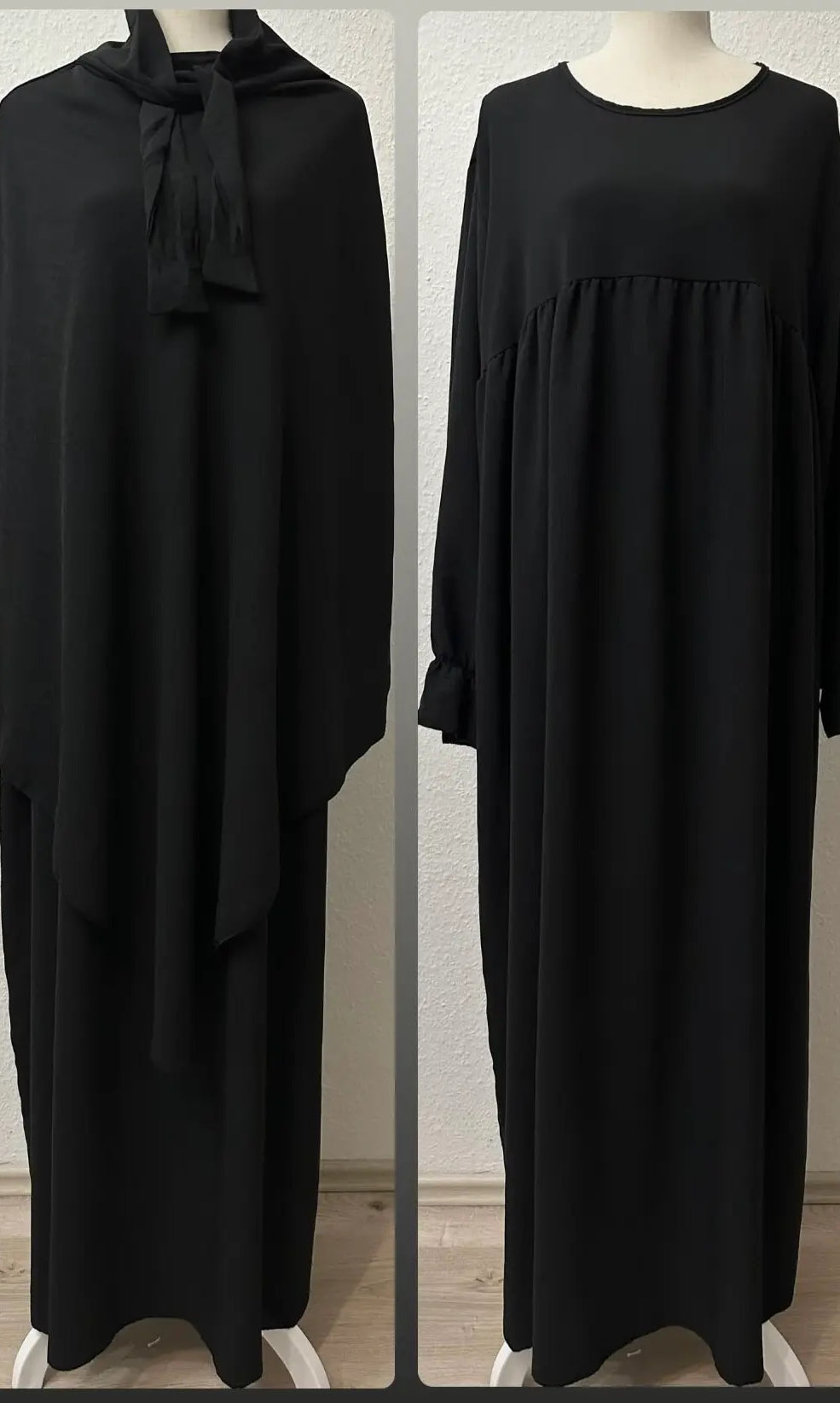 schwarzes set aus abaya und passendem khimar, jazz-stoff, ballon- und rüschenärmel, frontansicht