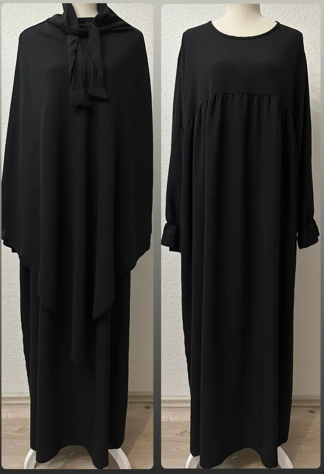 schwarzes set aus abaya und passendem khimar, jazz-stoff, ballon- und rüschenärmel, frontansicht