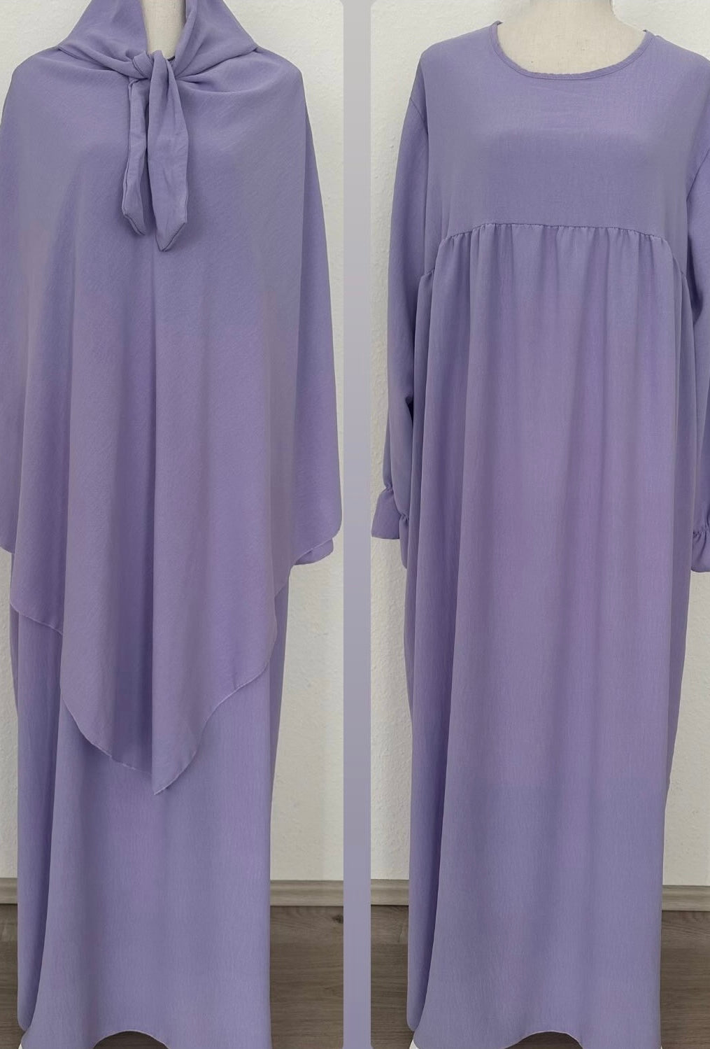 Abaya mit ballonärmeln und farbgleichem khimar in flieder aus jazz-stoff, frontansicht.