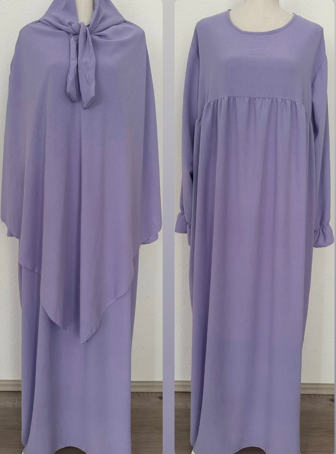 Abaya mit ballonärmeln und farbgleichem khimar in flieder aus jazz-stoff, frontansicht.