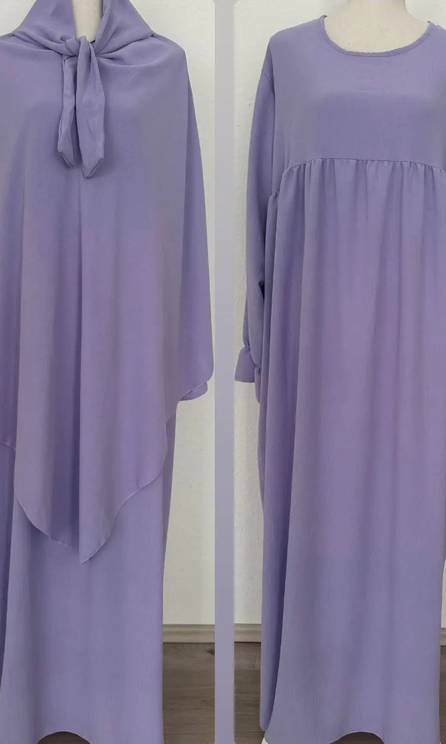 Abaya mit ballonärmeln und farbgleichem khimar in flieder aus jazz-stoff, frontansicht.