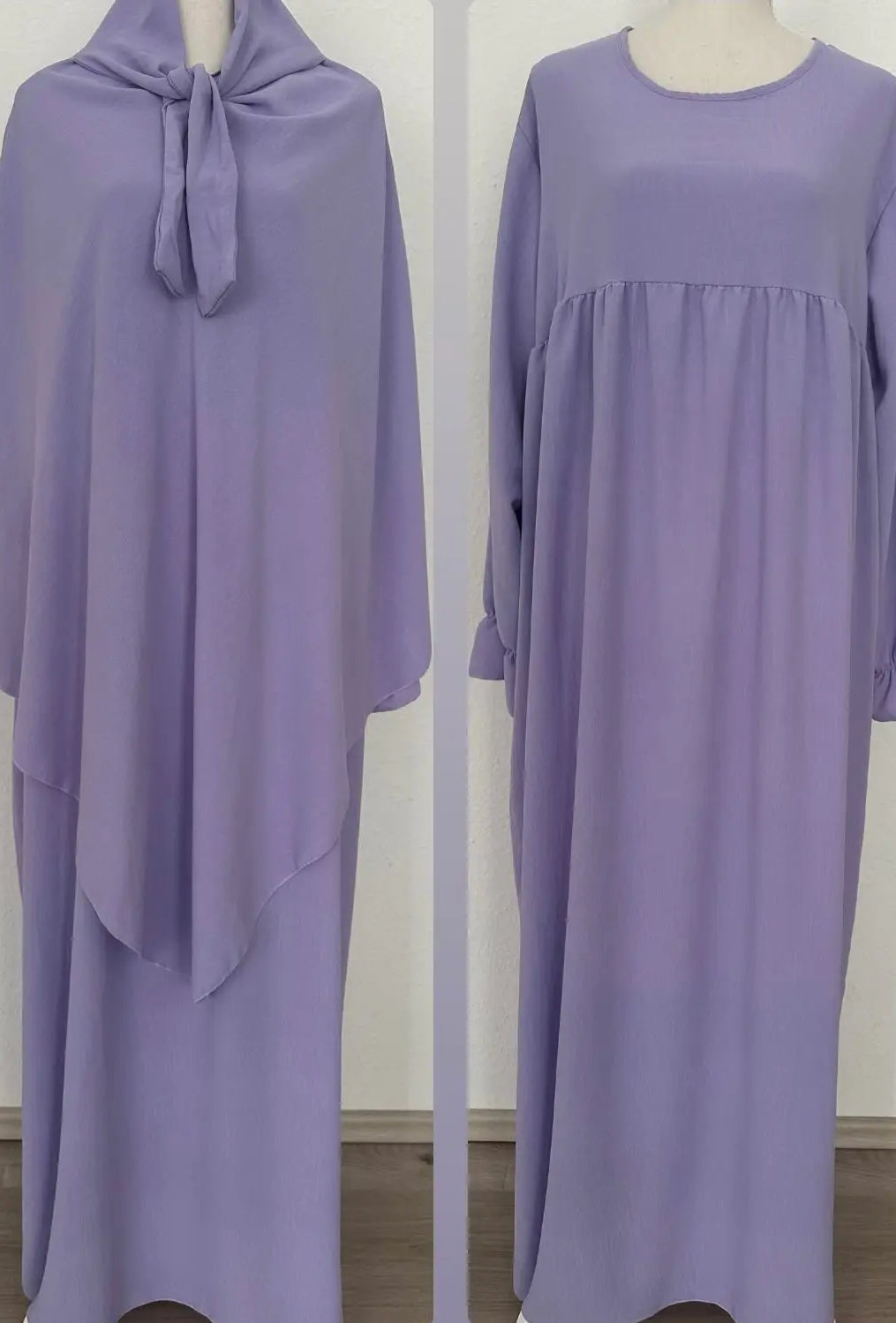 Abaya mit ballonärmeln und farbgleichem khimar in flieder aus jazz-stoff, frontansicht.