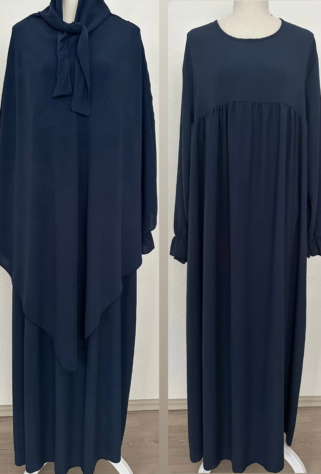 dunkelblaues abaya- und khimar-set aus jazzstoff, ballon- und rüschenärmel, frontansicht; links khimar, rechts abaya