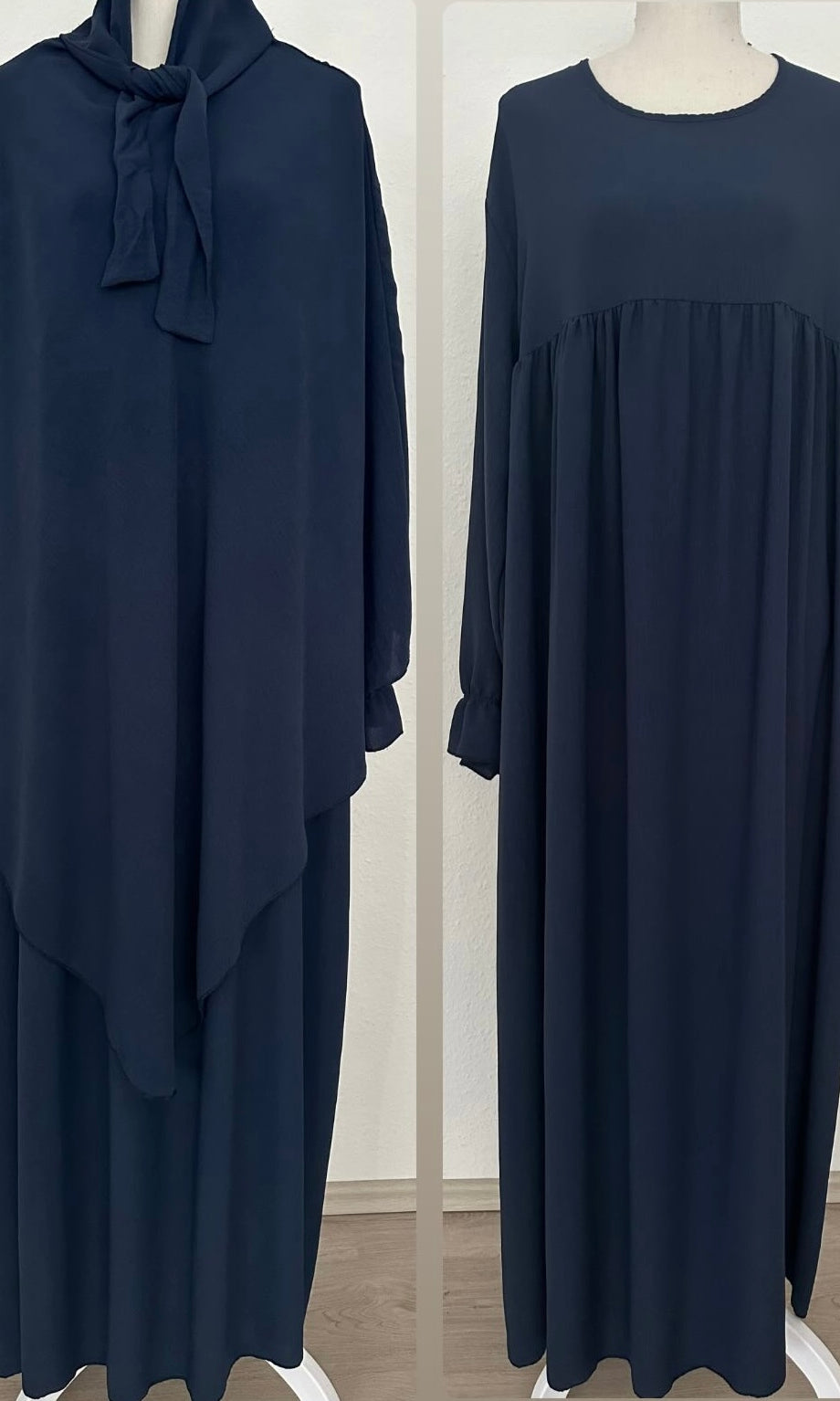 dunkelblaues abaya- und khimar-set aus jazzstoff, ballon- und rüschenärmel, frontansicht; links khimar, rechts abaya