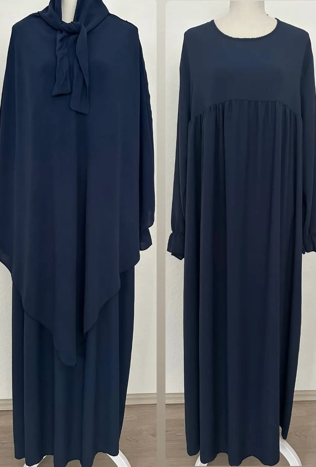 dunkelblaues abaya- und khimar-set aus jazzstoff, ballon- und rüschenärmel, frontansicht; links khimar, rechts abaya
