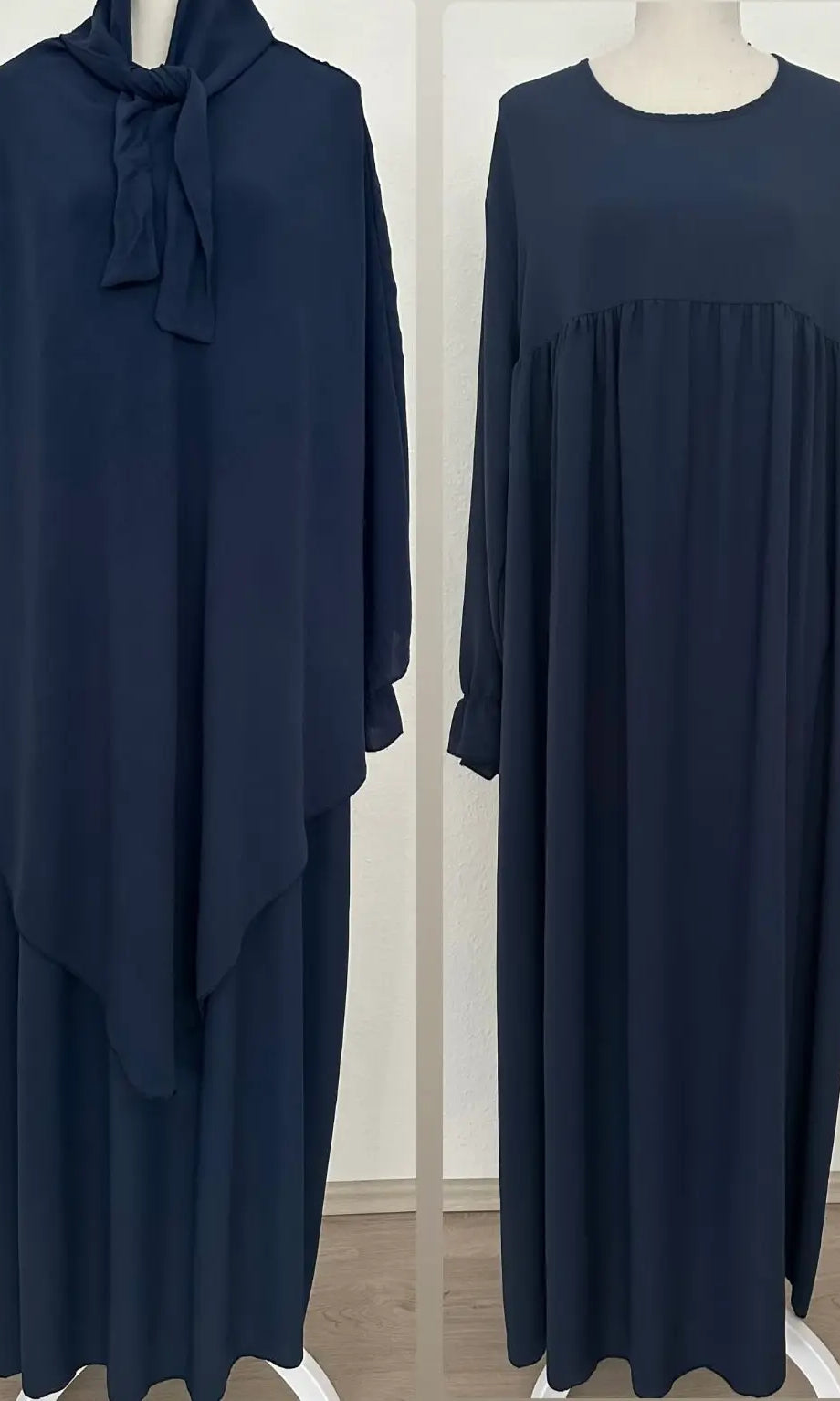 dunkelblaues abaya- und khimar-set aus jazzstoff, ballon- und rüschenärmel, frontansicht; links khimar, rechts abaya