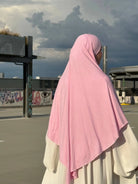 Jersey Khimar aus Viskose/Elastan in Hellrosa, Rückenansicht mit fallendem Saum.