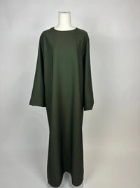 Dunkelgrüne Abaya aus Polyester, weiter Schnitt mit langen Ärmeln und rundem Ausschnitt, Vorderansicht