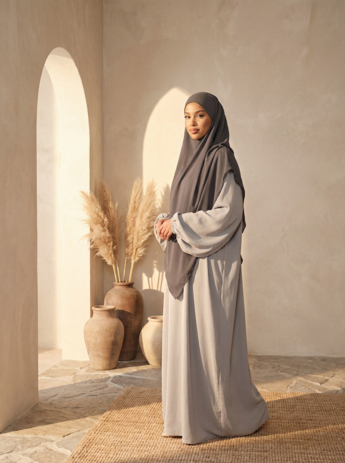 abaya in hellgrau aus jazz-stoff mit ballonärmeln, frontansicht