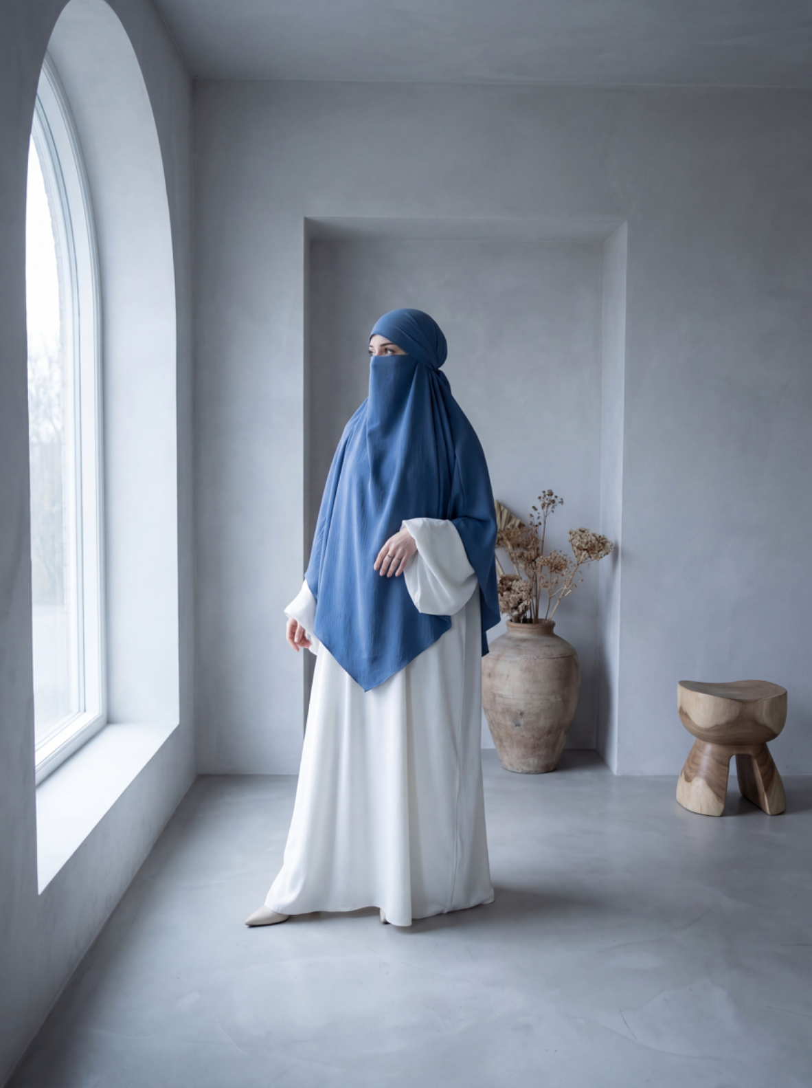 cremefarbene Abaya aus elastischem Jazz-Stoff, bodenlang, mit Ballonärmeln und blauem Hijab, Rückansicht