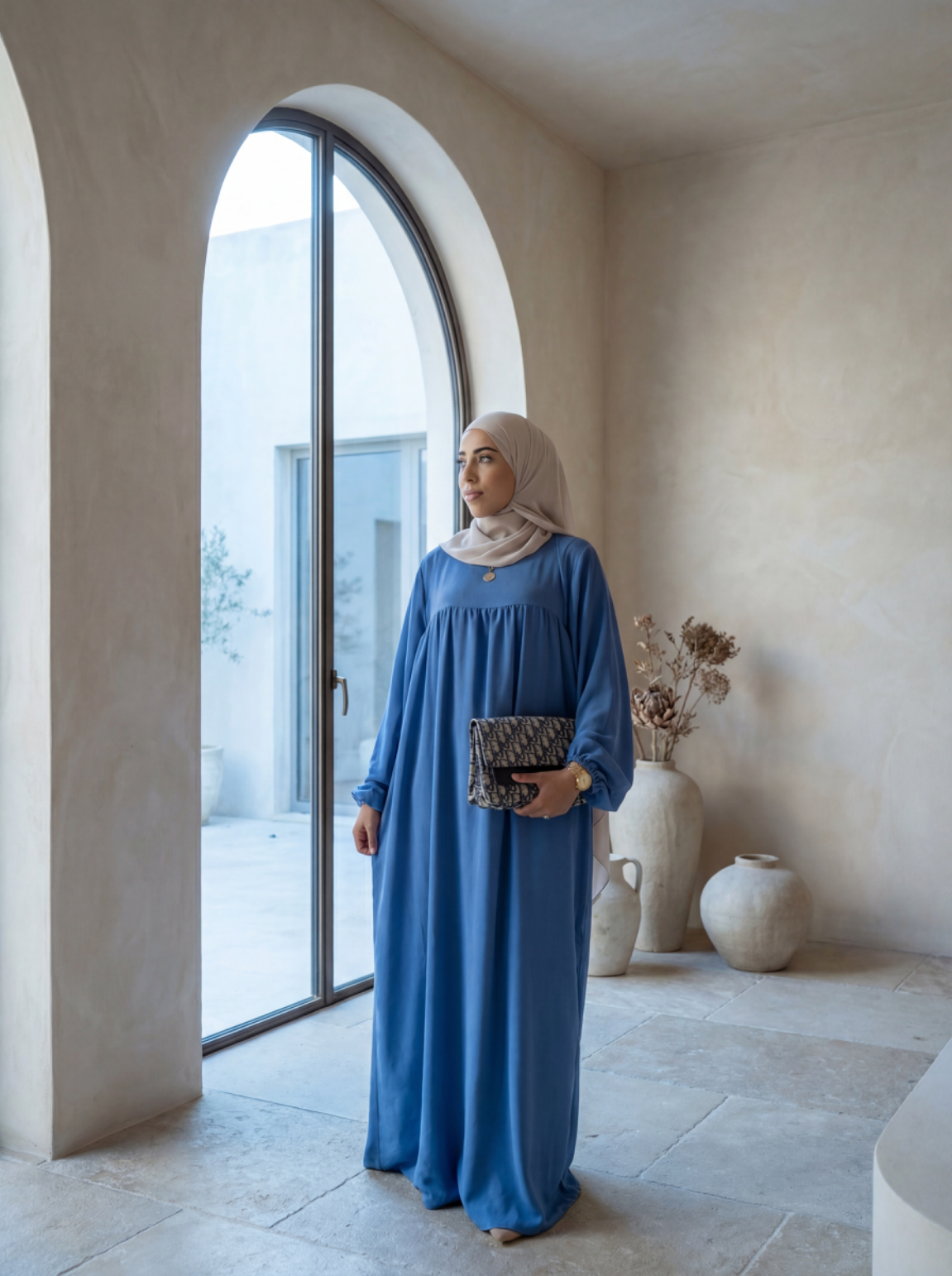 blaue Jazz-Stoff-Abaya mit Ballonärmeln, bodenlang, Frontansicht