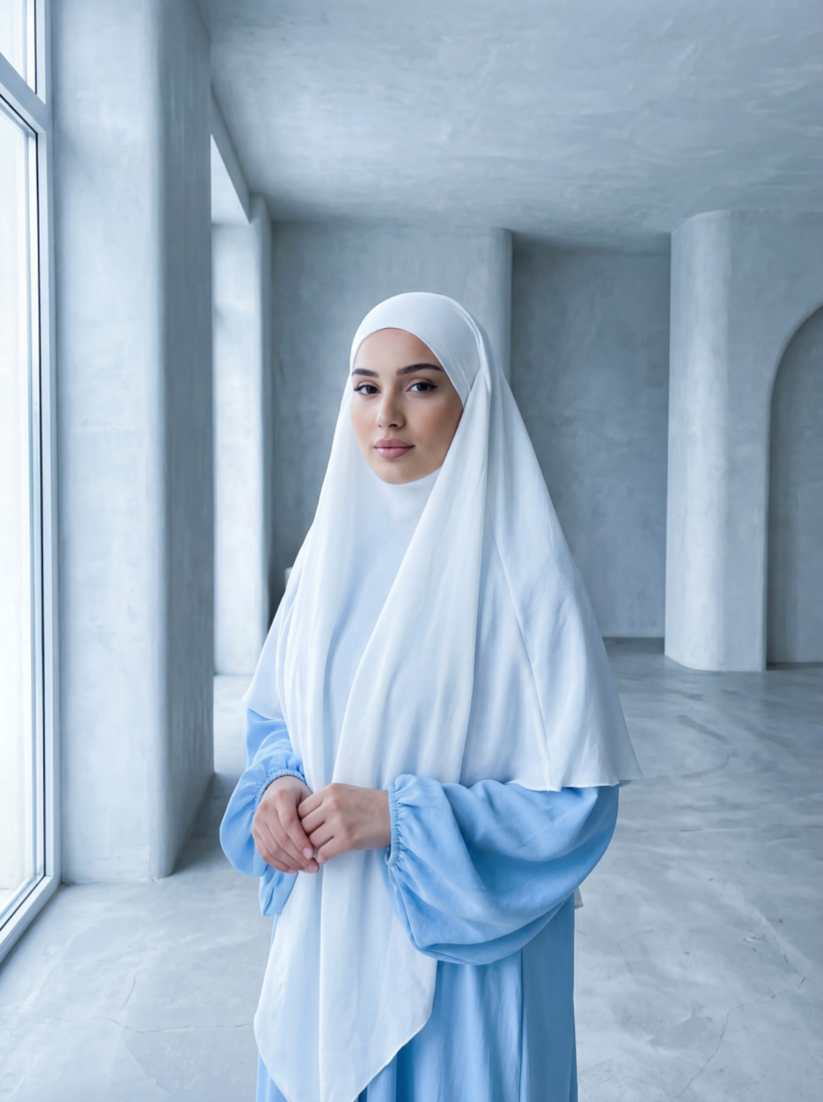 Abaya hellblau aus elastischem jazz-stoff mit ballonärmeln, vorderansicht