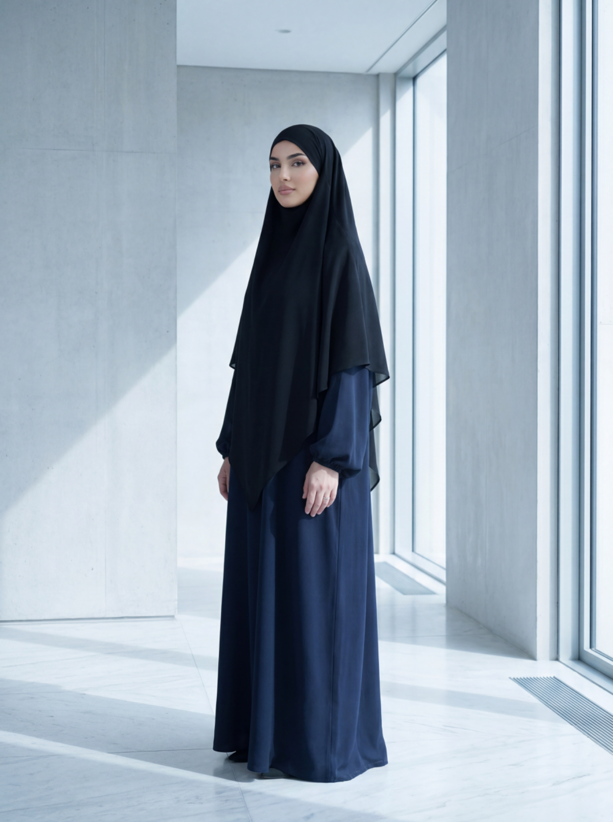 Abaya aus dunkelblauem Jazz-Stoff mit Ballonärmeln, Seitenansicht.