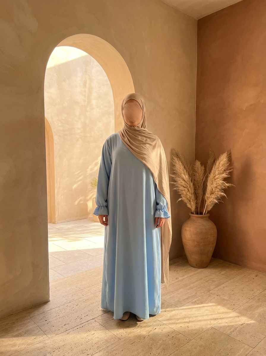 Eine Abaya aus Jazz-Stoff mit Rüschenärmeln in [FARBE], Vorderansicht.