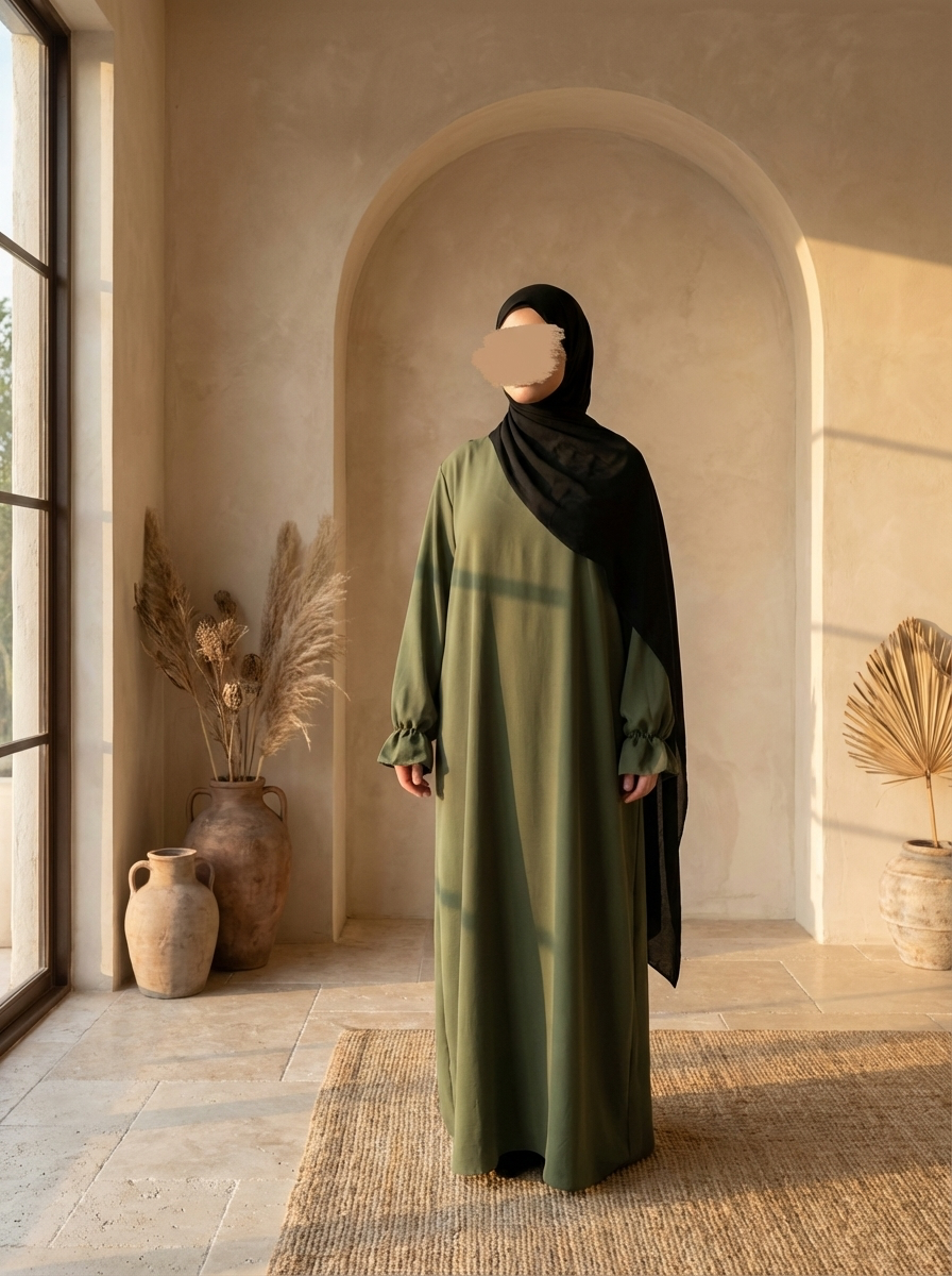 abaya aus elastischem jazz-stoff in olivgrün mit rüschenärmeln, frontansicht