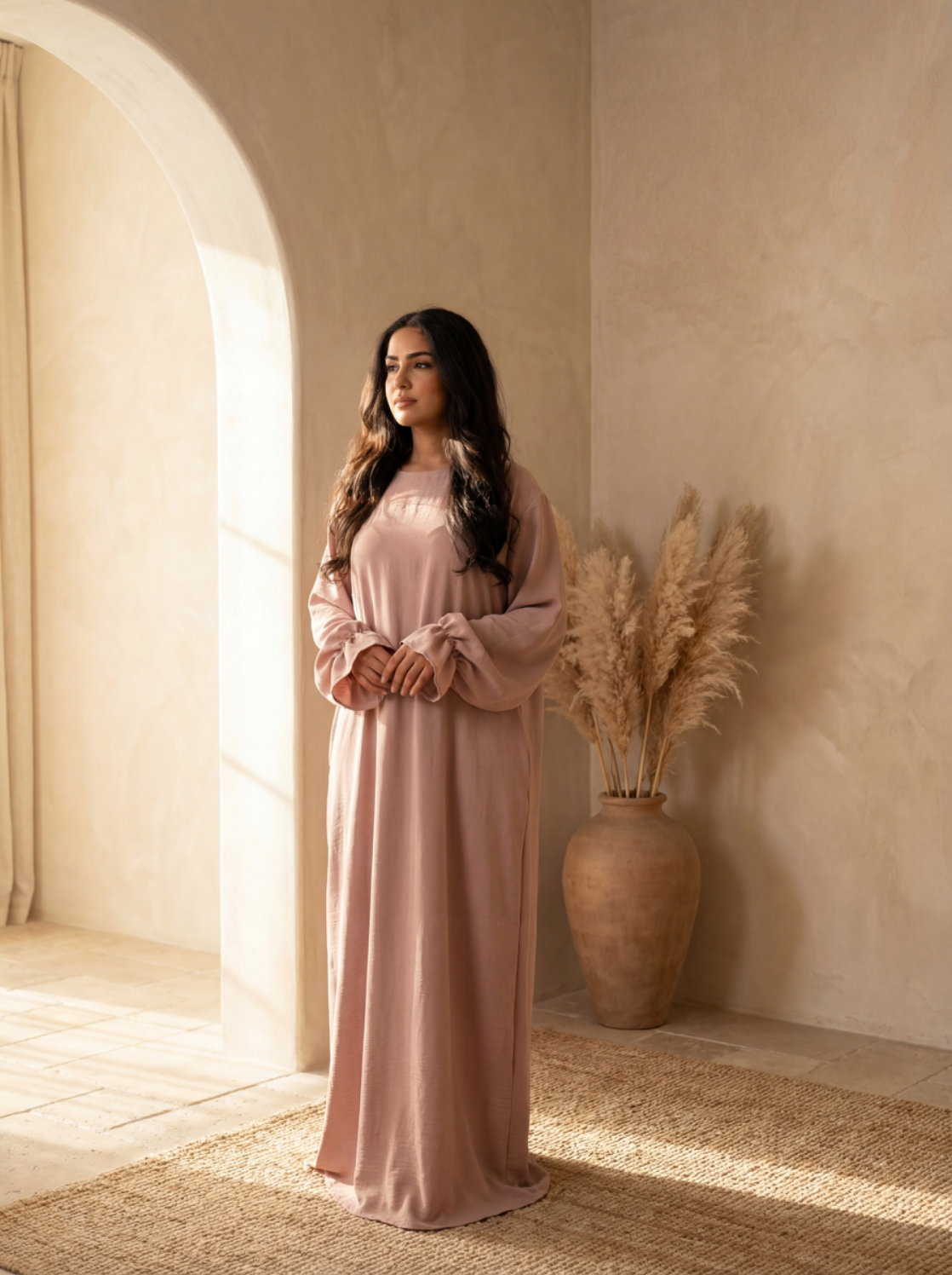 Abaya altrosa aus elastischem Jazz-Stoff mit Rüschenärmeln, bodenlang, seitliche Ansicht