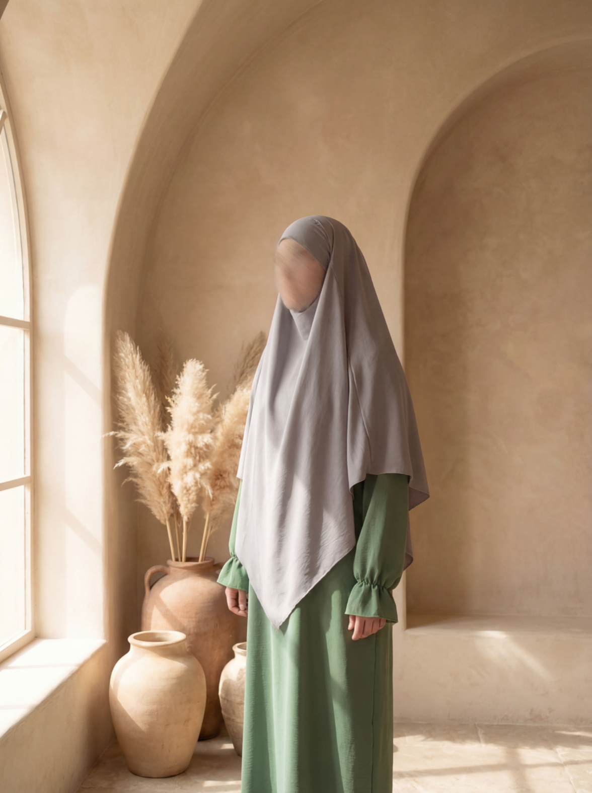 abaya aus jazz-stoff in grün mit rüschenärmeln, seitenansicht