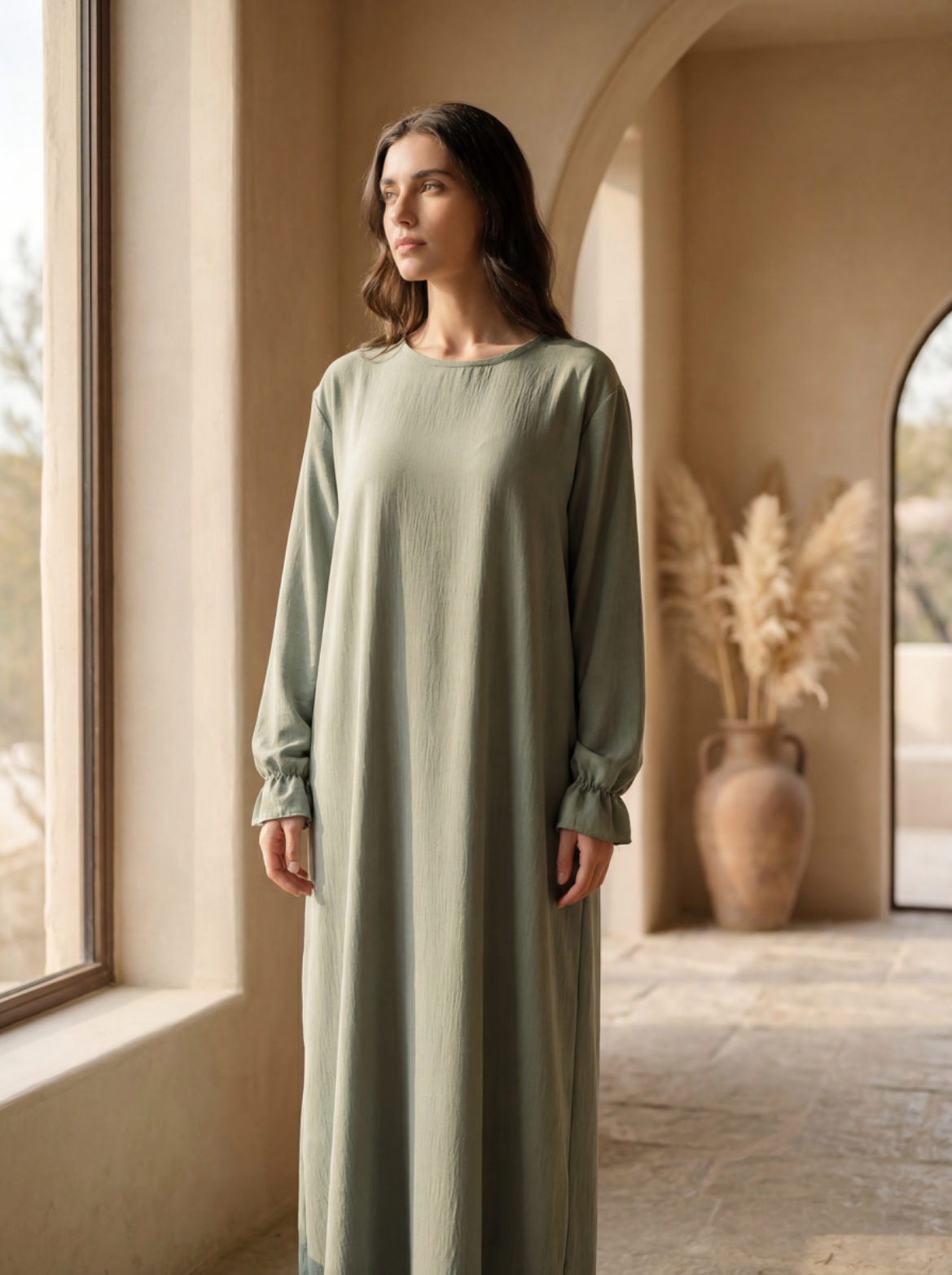 Abaya in salbeigrün mit Rüschenärmeln aus elastischem jazz-stoff, frontansicht