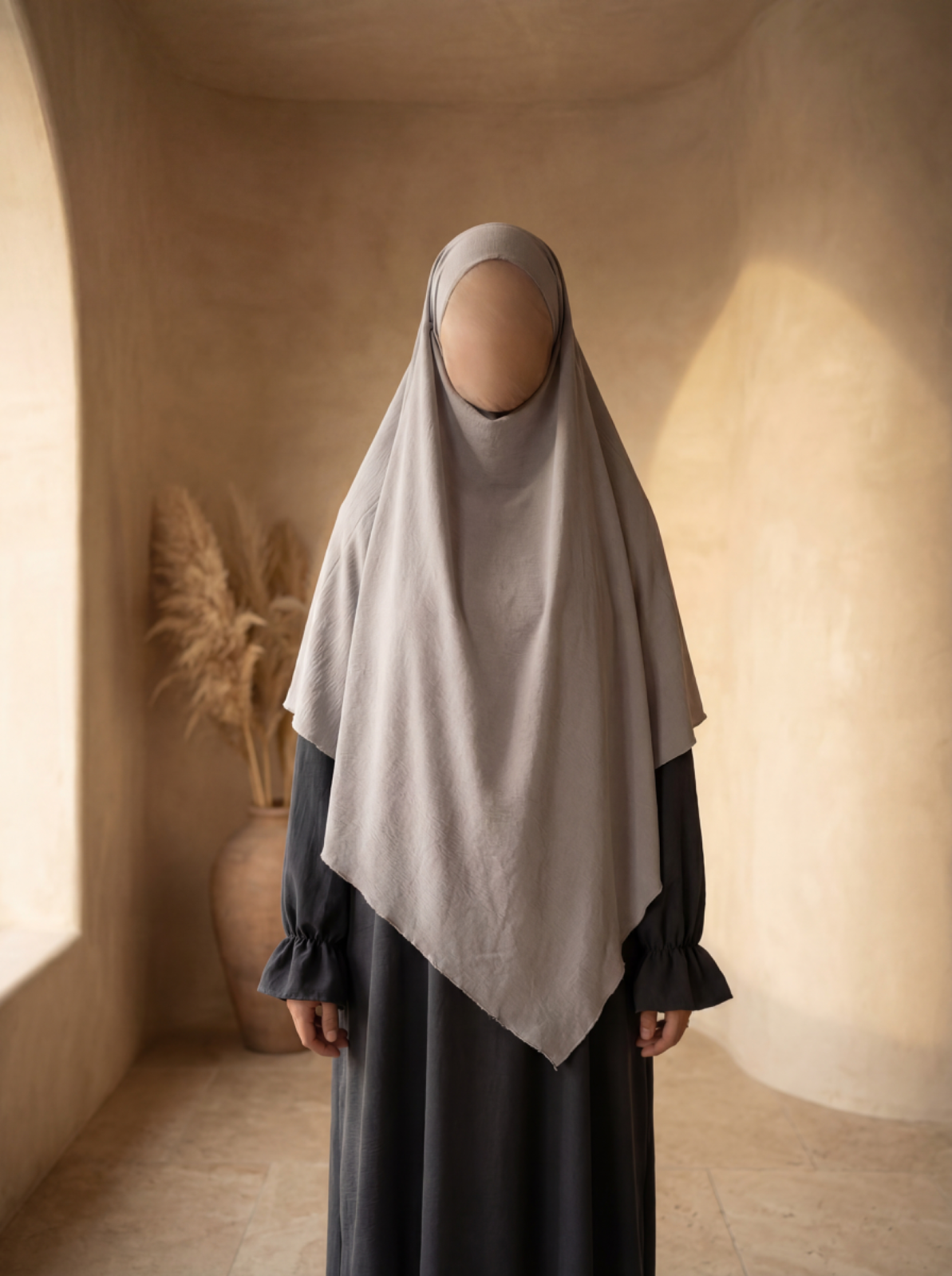 Abaya dunkelgrau aus Jazz-Stoff mit Rüschenärmeln, Seitenansicht