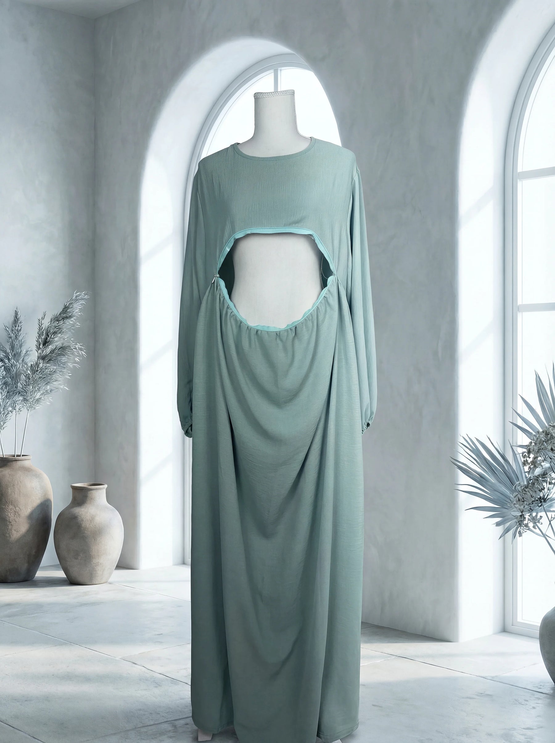 Mintgrüne Still-Abaya aus Jazzstoff mit praktischer Stillöffnung und langen Ärmeln, Vorderansicht