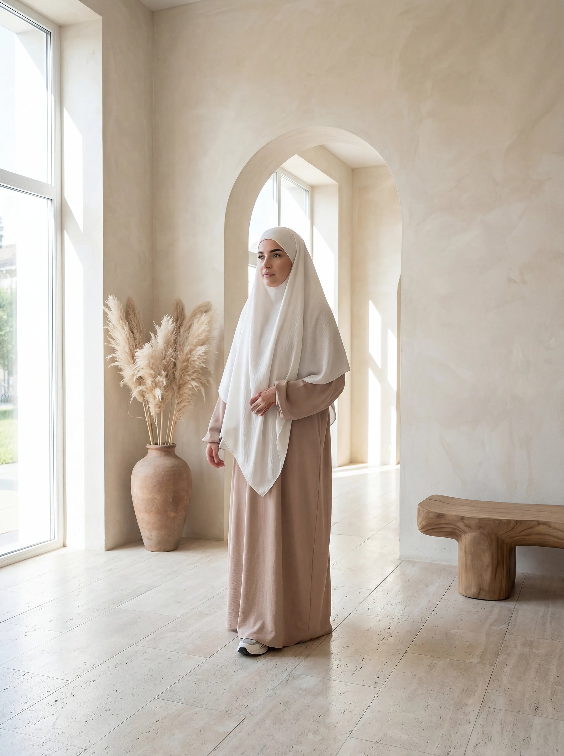beige abaya aus jazzstoff mit ballonärmeln und weißem hijab, frontansicht