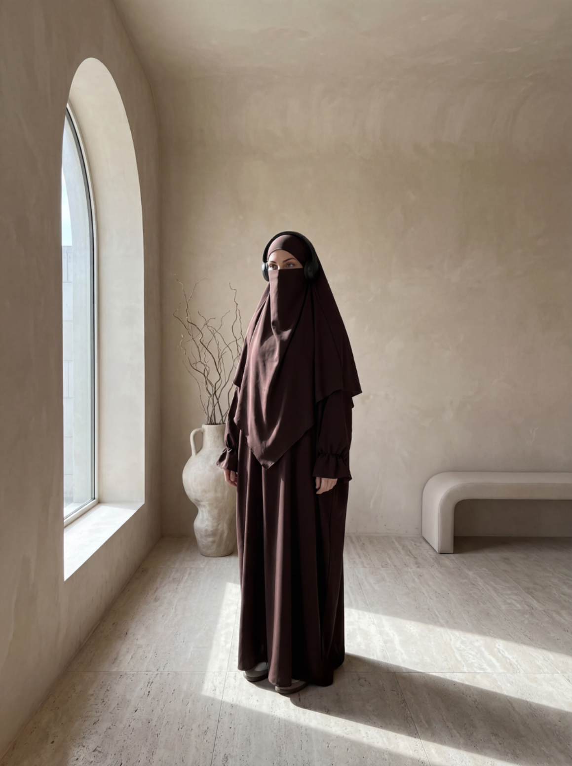 abaya-khimar-set dunkelbraun aus jazz-stoff mit rüschenärmeln, vorderansicht