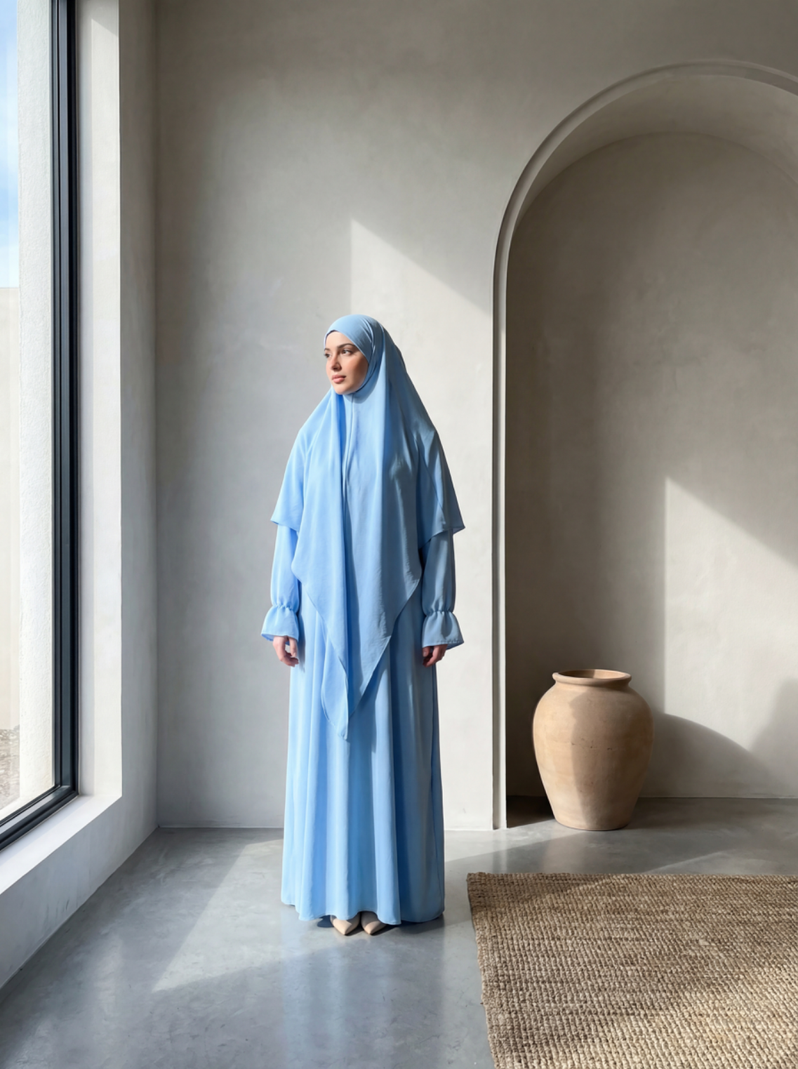 Set aus Abaya und Khimar in hellblau, leichter Stoff mit Ballonärmeln, Seitenansicht