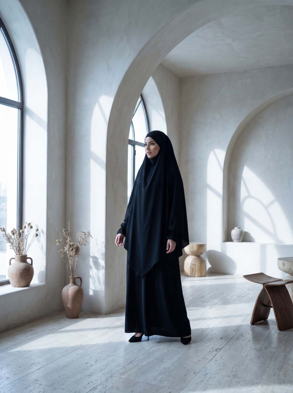 schwarzes set aus abaya und passendem khimar, jazz-stoff, ballon- und rüschenärmel, frontansicht