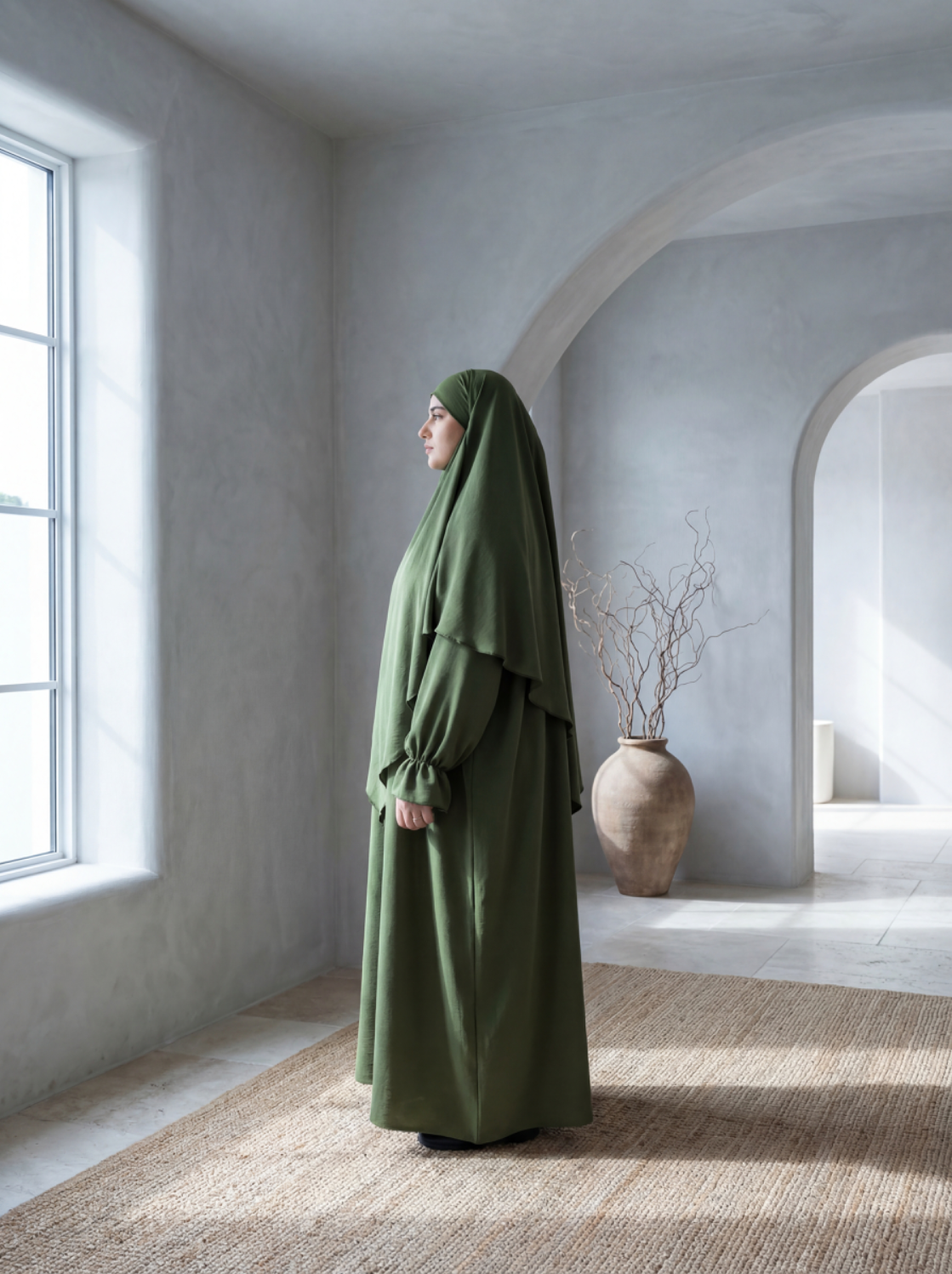 olivgrüne abaya mit ballonärmeln und farbgleichem lagen-khimar aus jazz-stoff, seitenansicht