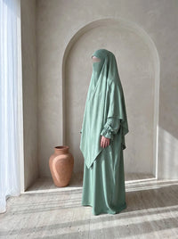 Abaya-Khimar-Set salbeigrün mit Ballonärmeln aus leichtem Jazz-Stoff, weit fallend, Seitenansicht