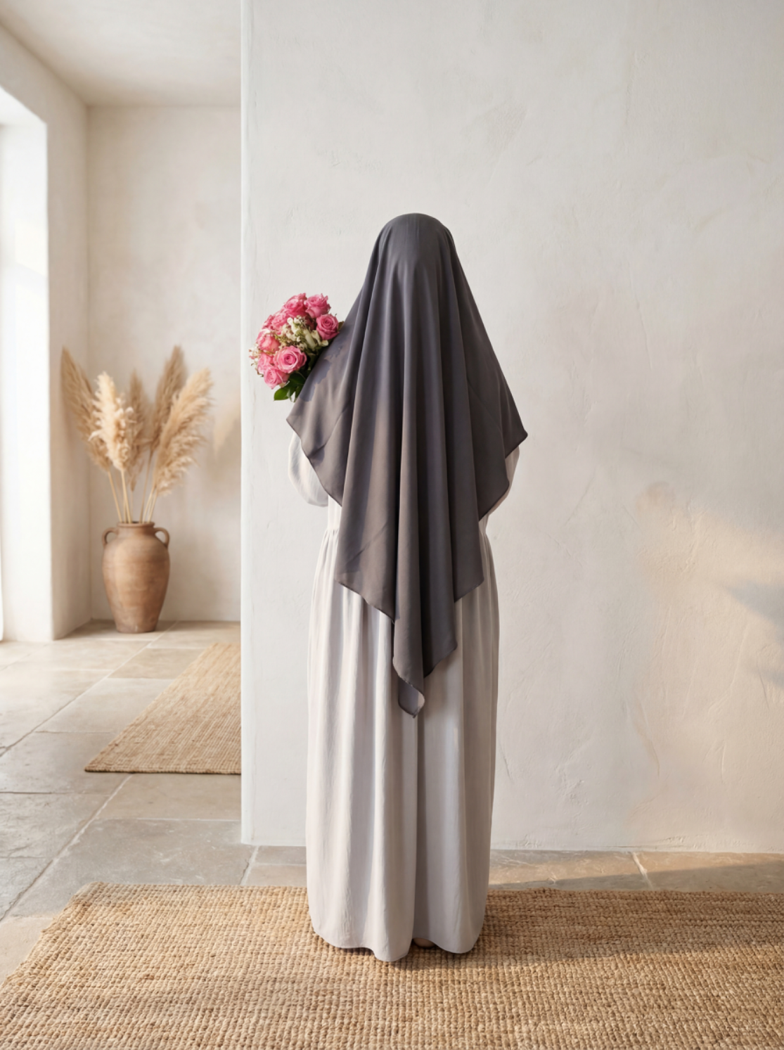 einlagiger khimar in dunkelgrau, rückenansicht mit langer blickdichter drapierung