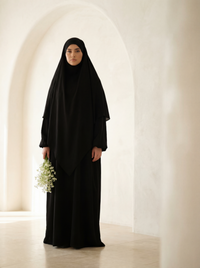 einlagiger schwarzer khimar aus jazz-stoff, rückenansicht, langes rückteil