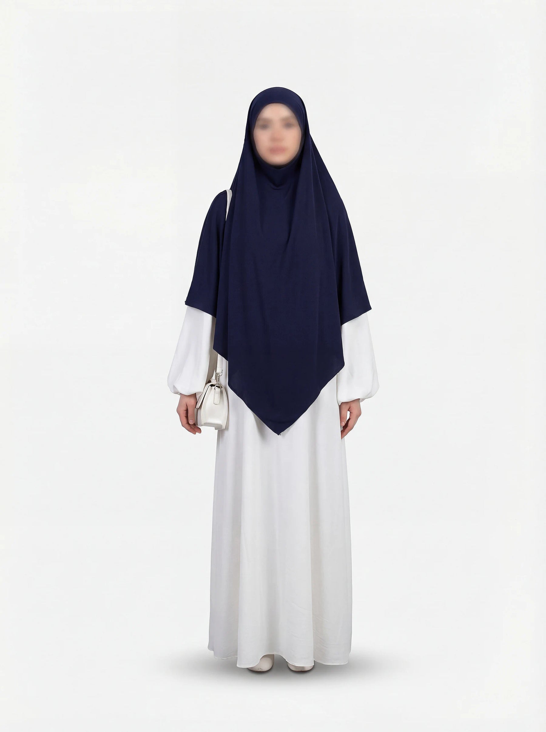Dunkelblauer Jersey-Khimar aus 95% Viskose und 5% Elastan, frontale Ganzkörperansicht.