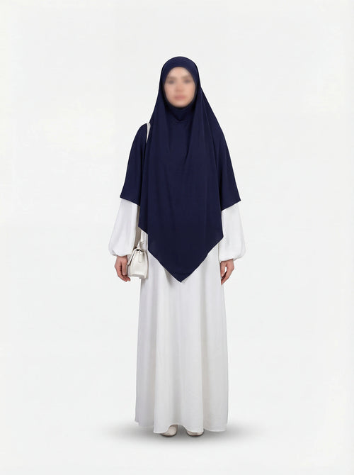 Dunkelblauer Jersey-Khimar aus 95% Viskose und 5% Elastan, frontale Ganzkörperansicht.